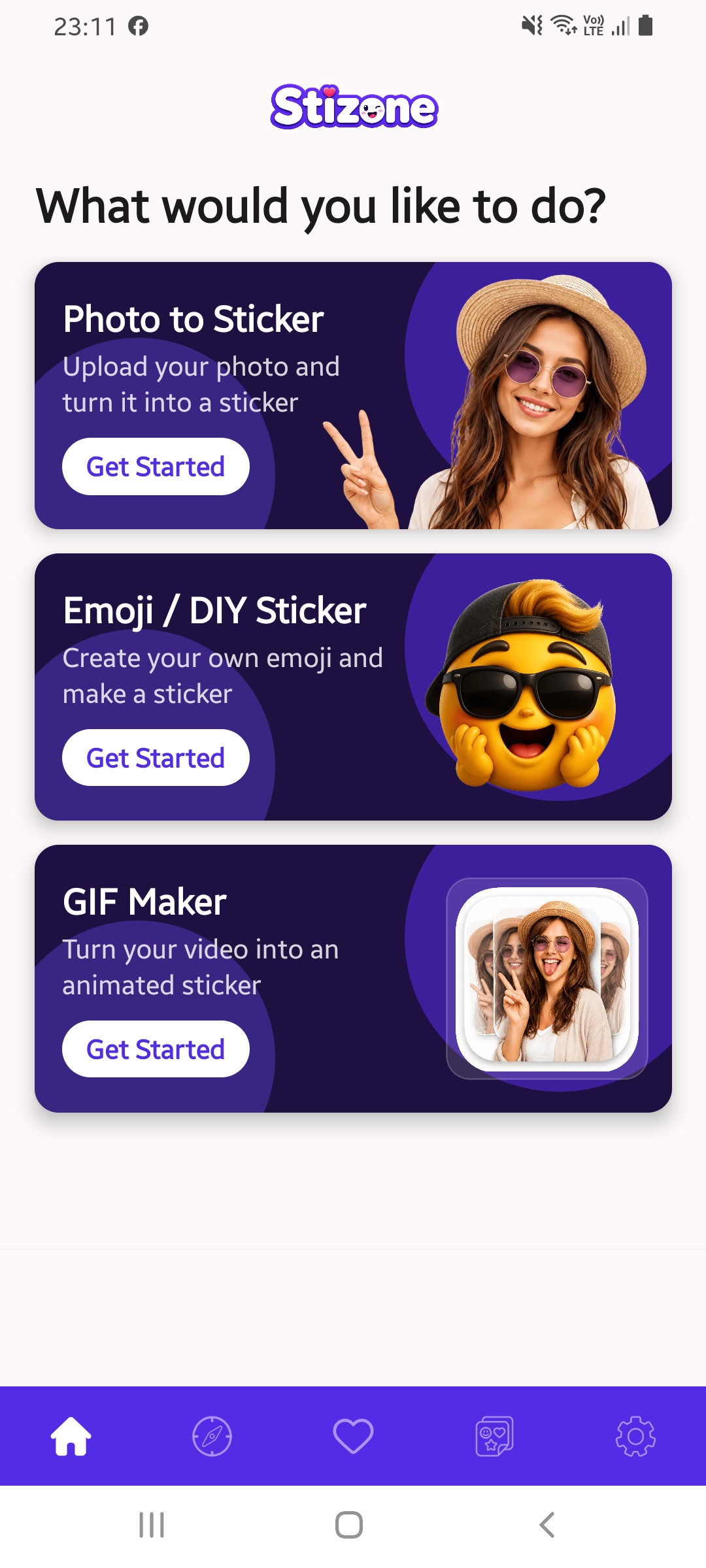 Stizone home screen with sticker packs